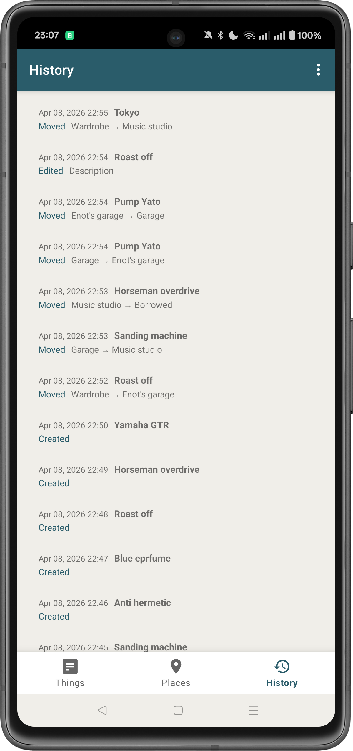 History log showing moves, edits, and creates